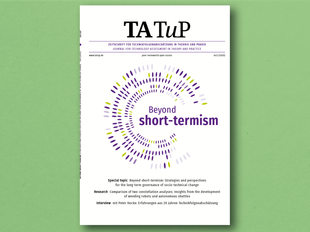Cover of TATuP journal, issue title "Beyond short-termism," with abstract circular design.